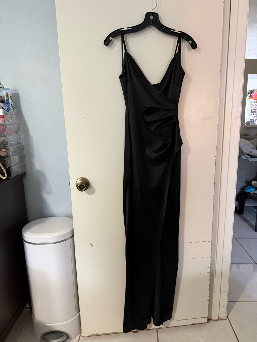 Classic Black Satin Slip Gown with Draped Detail